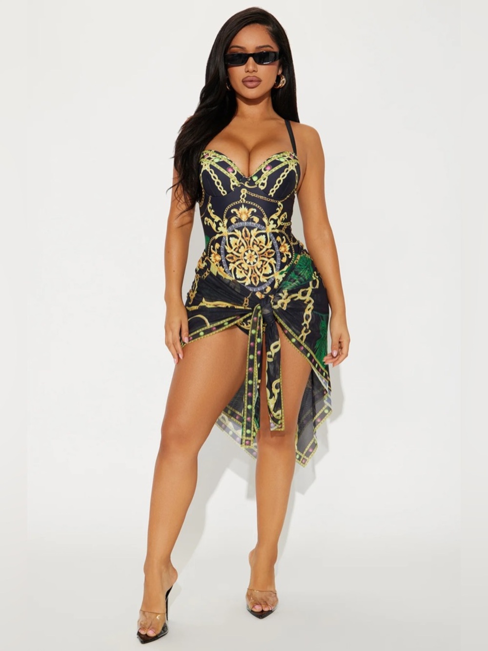 Black & Gold Printed Corset One-Piece Swimsuit with Sarong